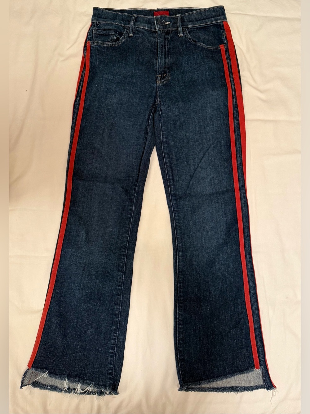 MOTHER Dark Blue Cropped Jeans with Red Side Stripes